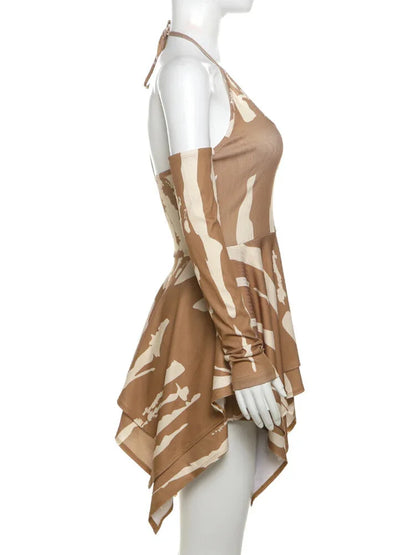 Mini Dresses- Camouflage-Inspired Abstract Halter Dress- - IndioGear.com