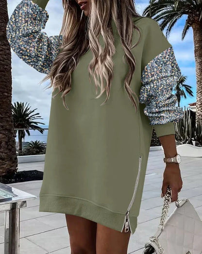 Mini Dresses- Casual Long Sleeve Contrast Sequin Zipper Slits Sweatshirt Mini Dress- Green Scene- IndioGear.com