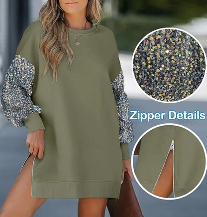 Mini Dresses- Casual Long Sleeve Contrast Sequin Zipper Slits Sweatshirt Mini Dress- - IndioGear.com