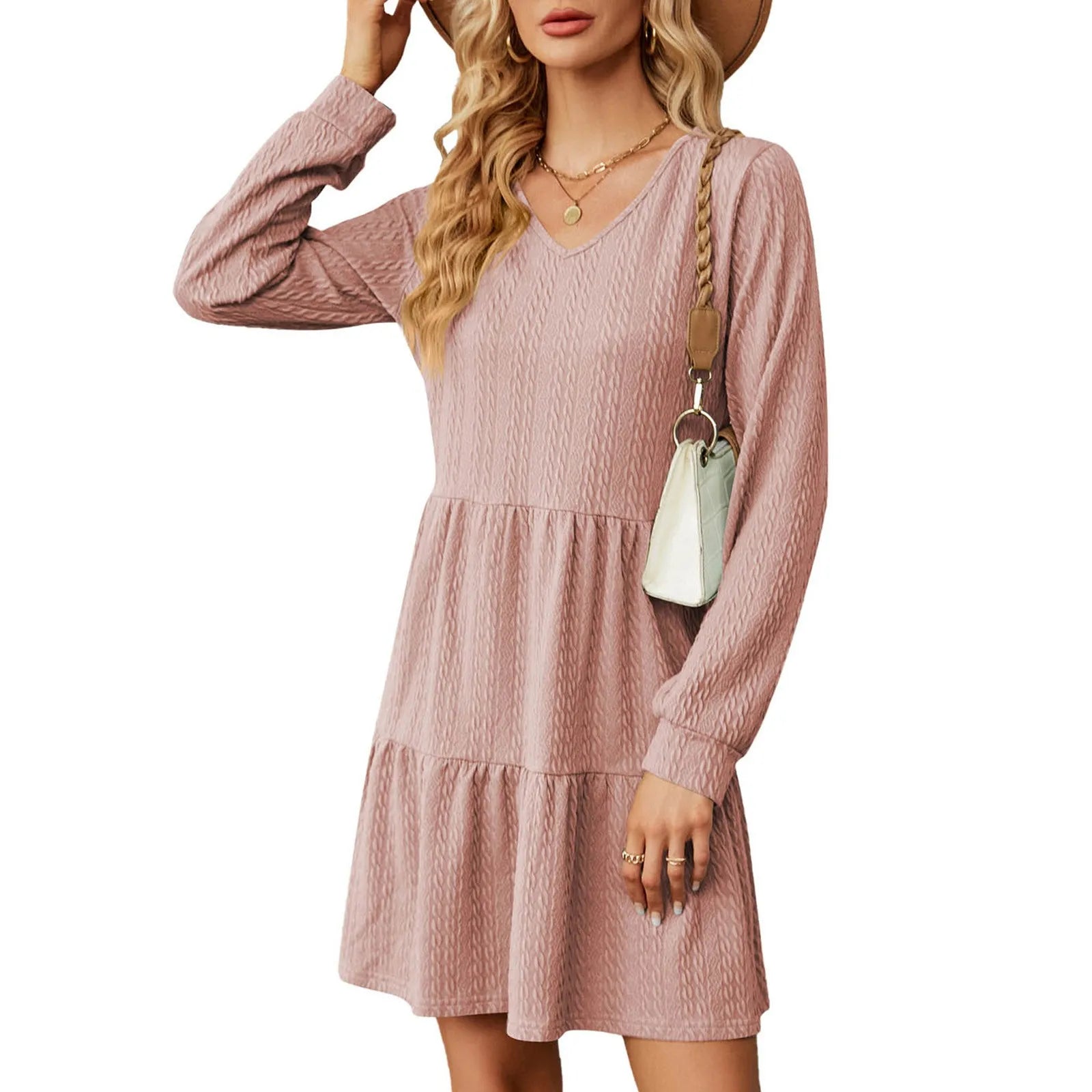 Mini Dresses- Chic Layered Mini Dress with V-Neck for Cool Seasons- Pink- IndioGear.com