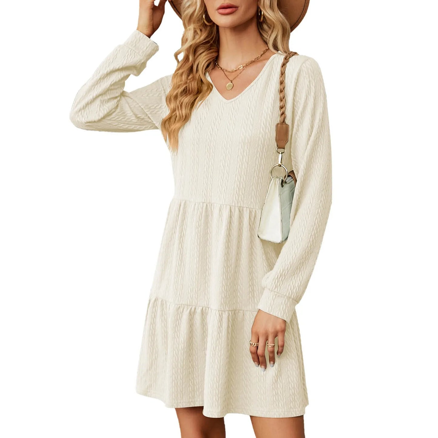 Mini Dresses- Chic Layered Mini Dress with V-Neck for Cool Seasons- Beige- IndioGear.com