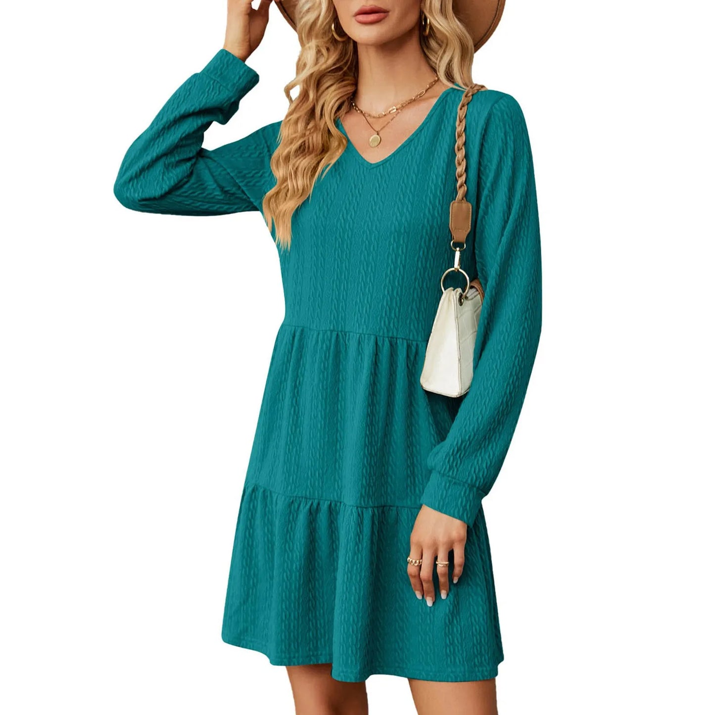 Mini Dresses- Chic Layered Mini Dress with V-Neck for Cool Seasons- Green- IndioGear.com