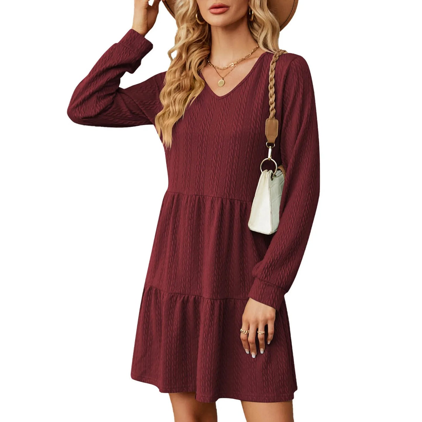 Mini Dresses- Chic Layered Mini Dress with V-Neck for Cool Seasons- Wine- IndioGear.com