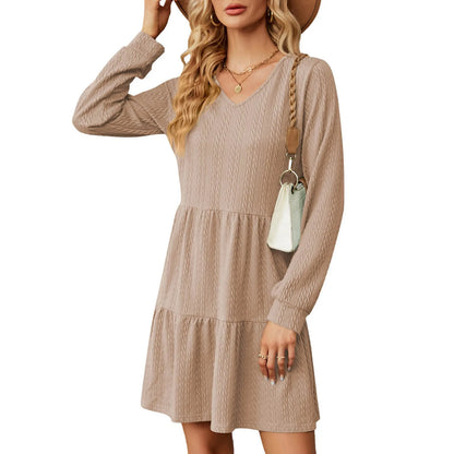 Mini Dresses- Chic Layered Mini Dress with V-Neck for Cool Seasons- Khaki- IndioGear.com