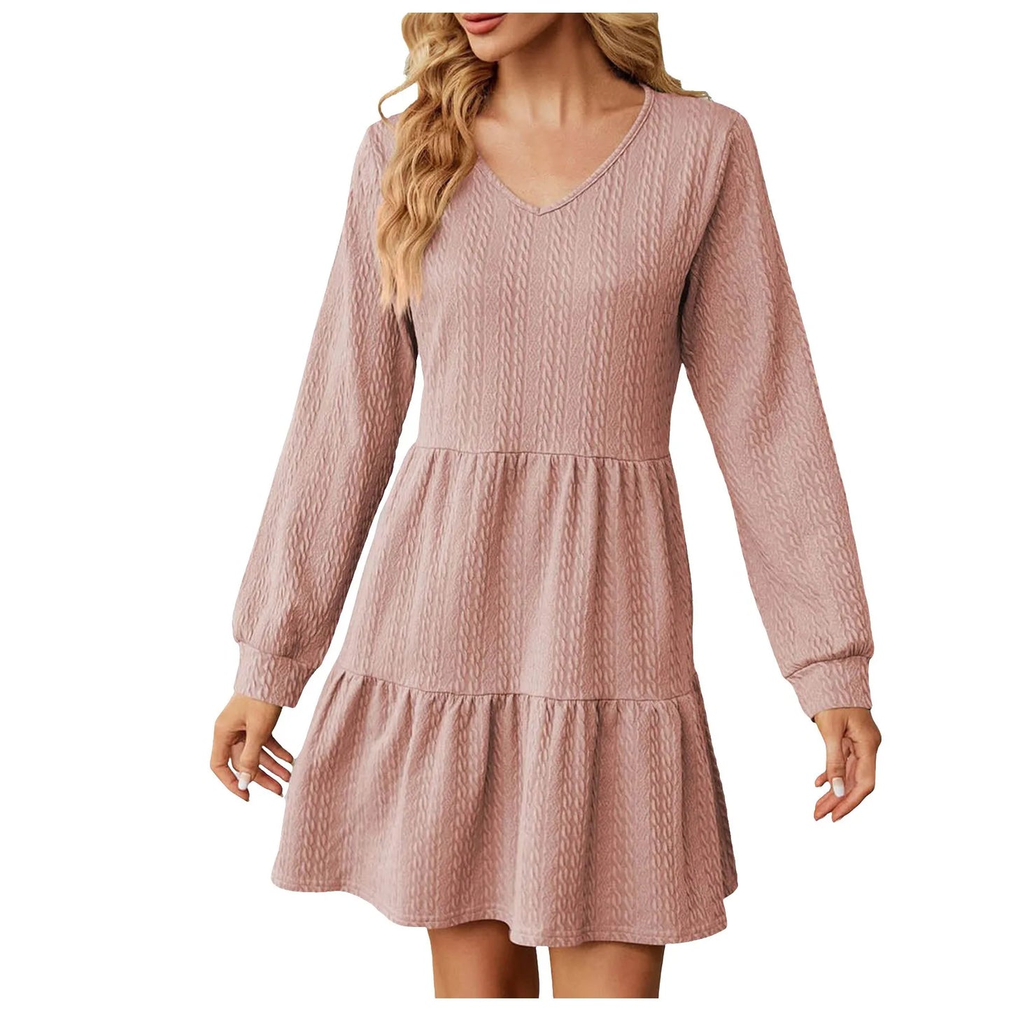 Mini Dresses- Chic Layered Mini Dress with V-Neck for Cool Seasons- - IndioGear.com