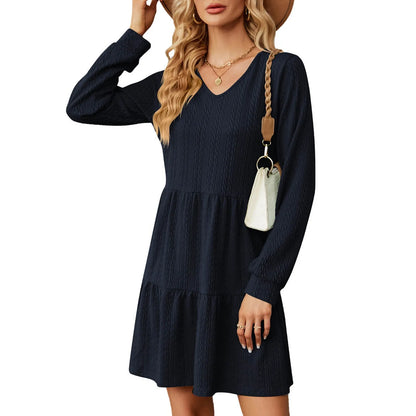 Mini Dresses- Chic Layered Mini Dress with V-Neck for Cool Seasons- Navy- IndioGear.com