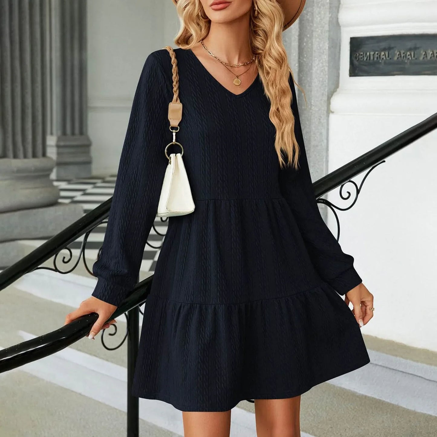 Mini Dresses- Chic Layered Mini Dress with V-Neck for Cool Seasons- - IndioGear.com