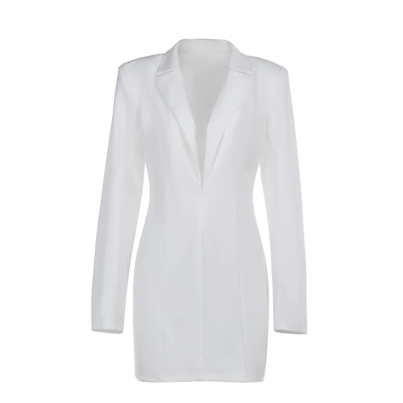 Mini Dresses- Chic Notch Lapel Mini Tuxedo Dress- White- IndioGear Women Clothing