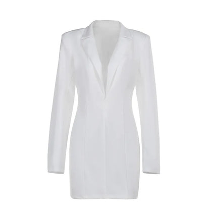 Mini Dresses- Chic Notch Lapel Mini Tuxedo Dress- White- IndioGear Women Clothing