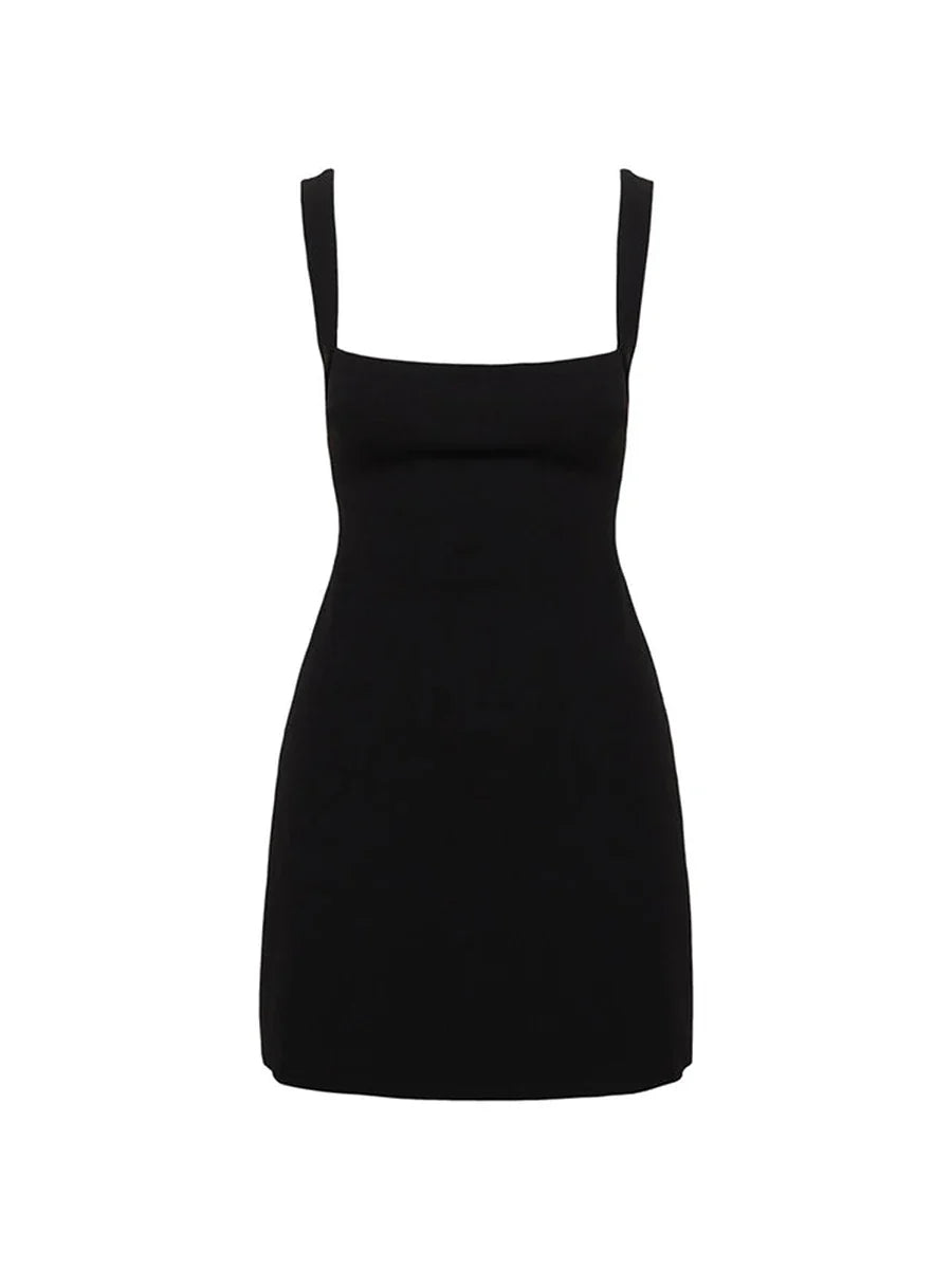 Mini Dresses- Little Black Dress with Square Neck for Cocktails- - IndioGear.com