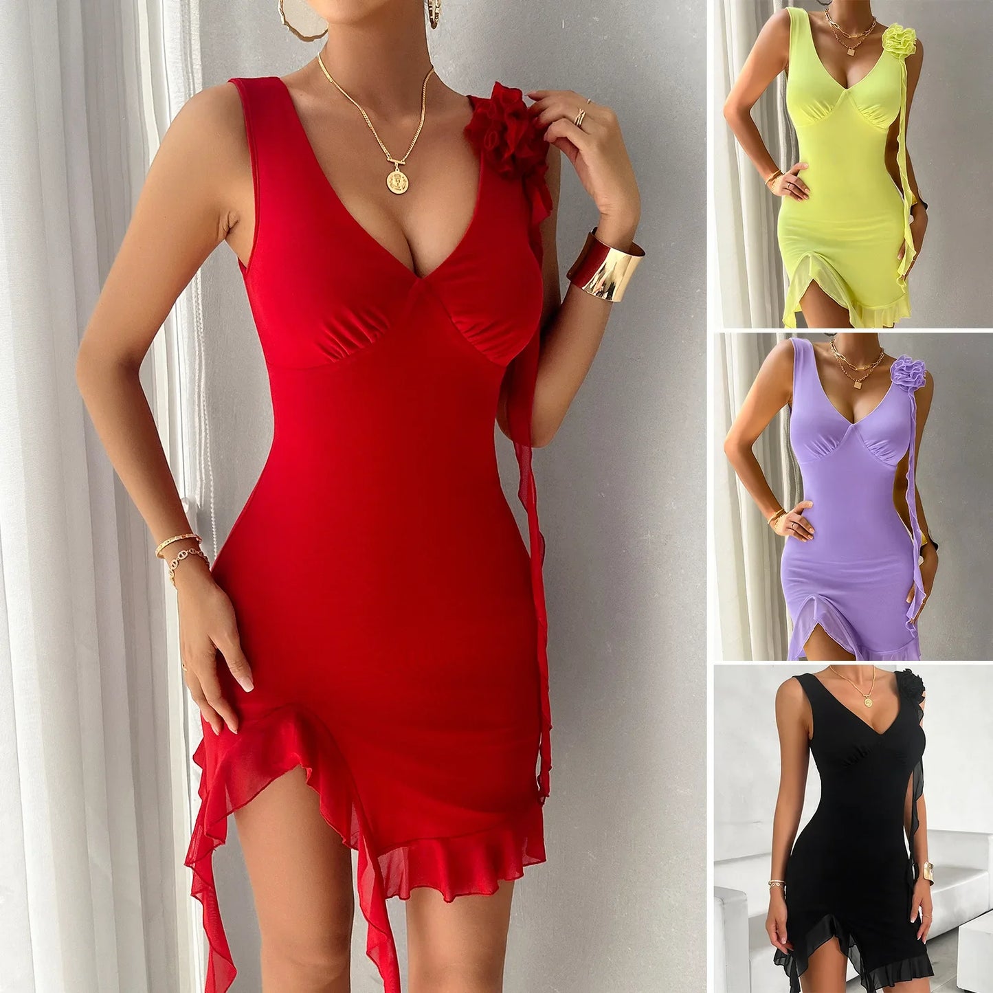 Robe moulante de style cocktail accentuée à volants