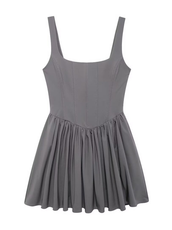 Mini Dresses- Cotton Flare Mini Dress Dress- Grey- IndioGear Women Clothing