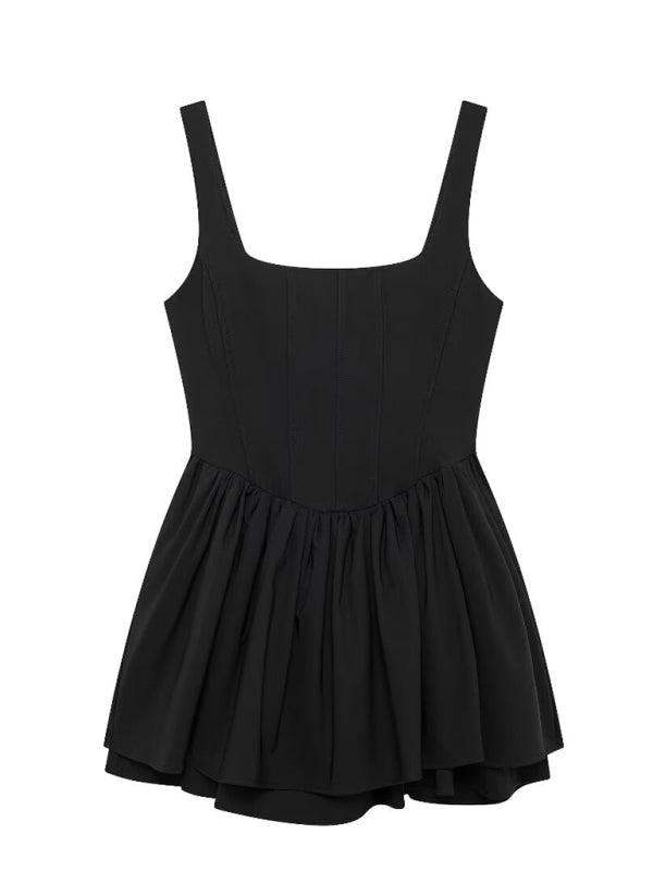 Mini Dresses- Cotton Flare Mini Dress Dress- Black- IndioGear Women Clothing