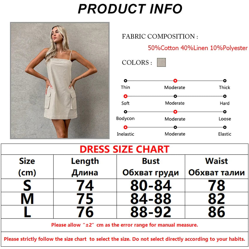 Mini Dresses- Cotton Linen Cami Dress with Cargo Pockets- - IndioGear.com