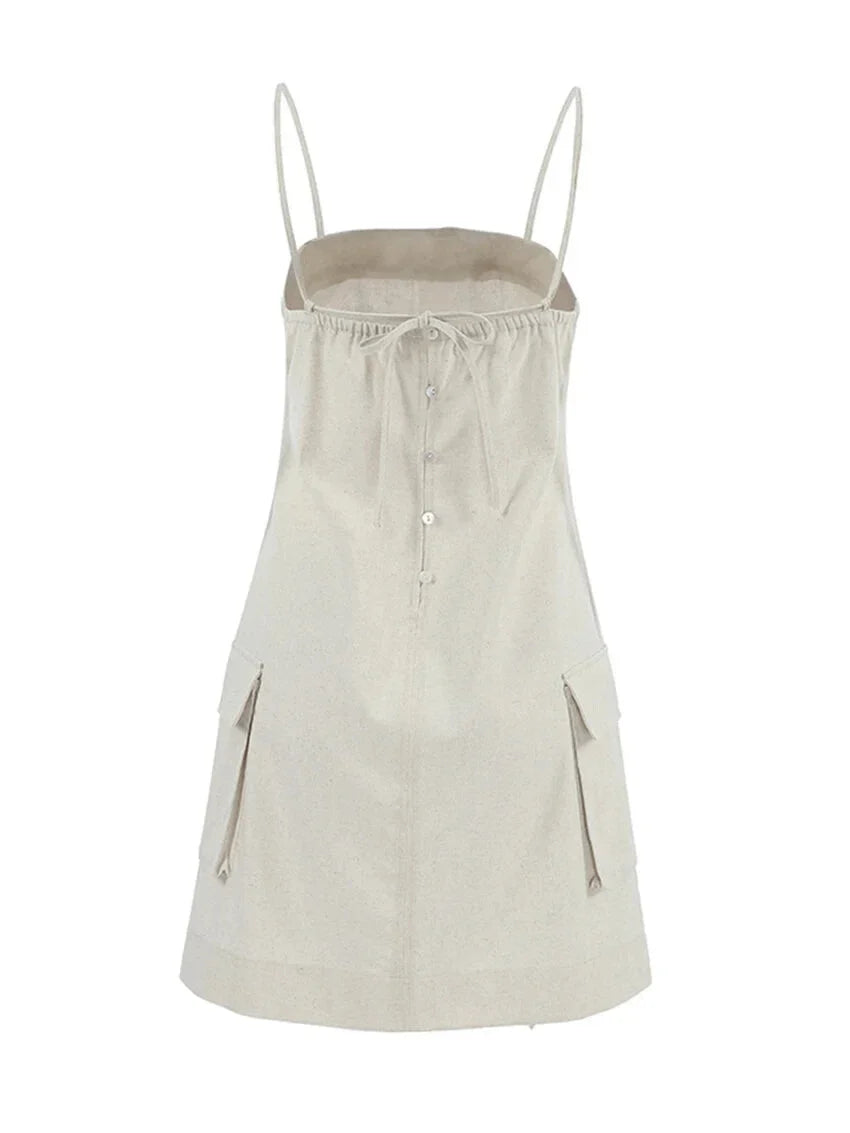 Mini Dresses- Cotton Linen Cami Dress with Cargo Pockets- - IndioGear.com