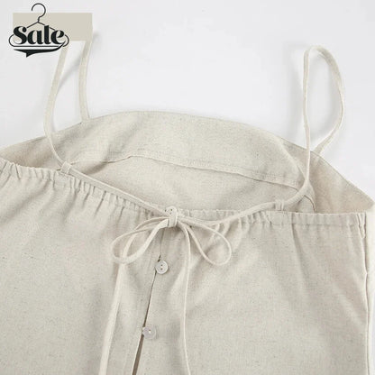 Mini Dresses- Cotton Linen Cami Dress with Cargo Pockets- - IndioGear.com