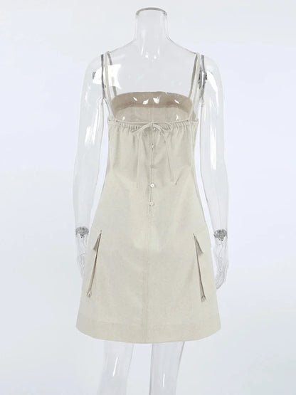 Mini Dresses- Cotton Linen Cami Dress with Cargo Pockets- - IndioGear.com