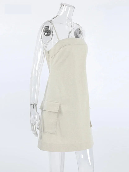 Mini Dresses- Cotton Linen Cami Dress with Cargo Pockets- - IndioGear.com