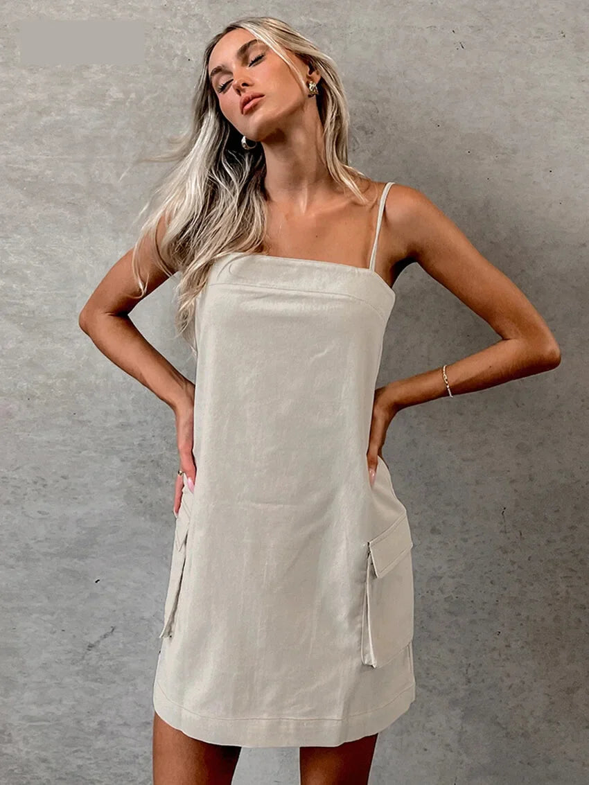 Mini Dresses- Cotton Linen Cami Dress with Cargo Pockets- Khaki- IndioGear.com