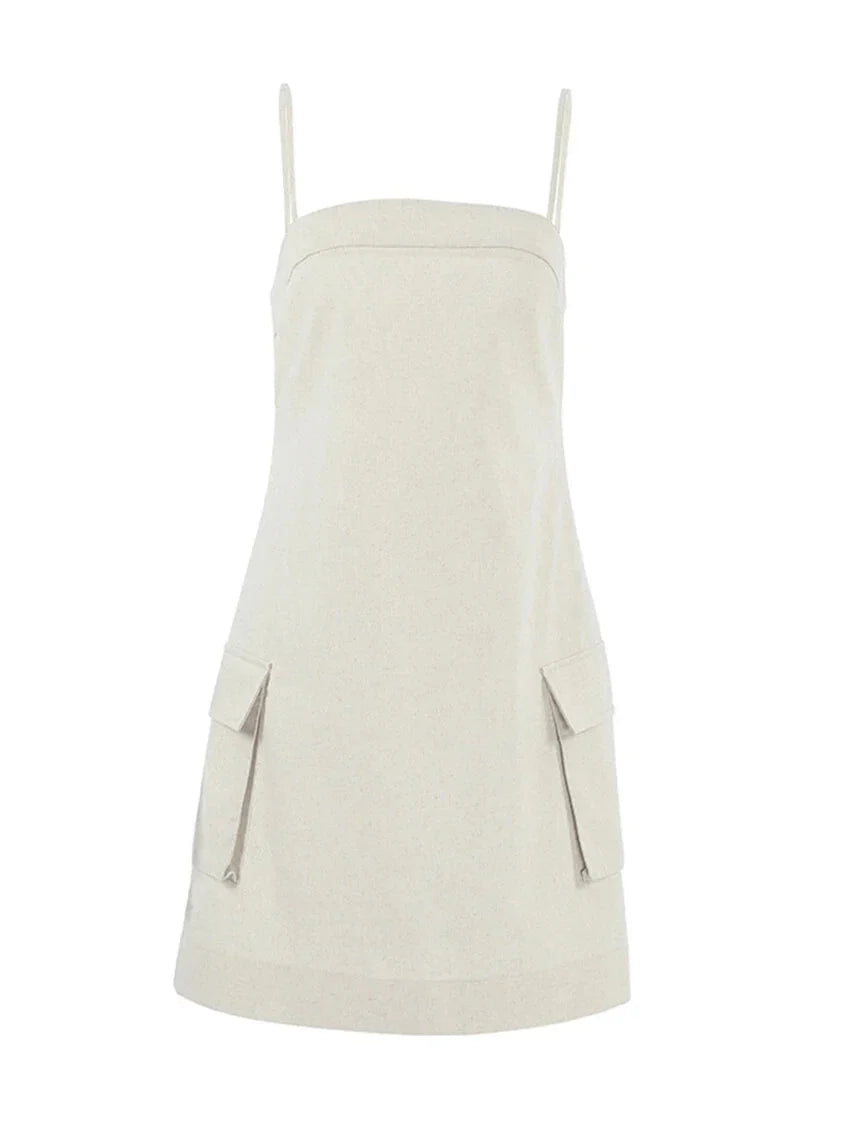 Mini Dresses- Cotton Linen Cami Dress with Cargo Pockets- - IndioGear.com