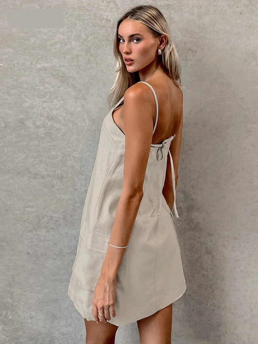 Mini Dresses- Cotton Linen Cami Dress with Cargo Pockets- - IndioGear.com