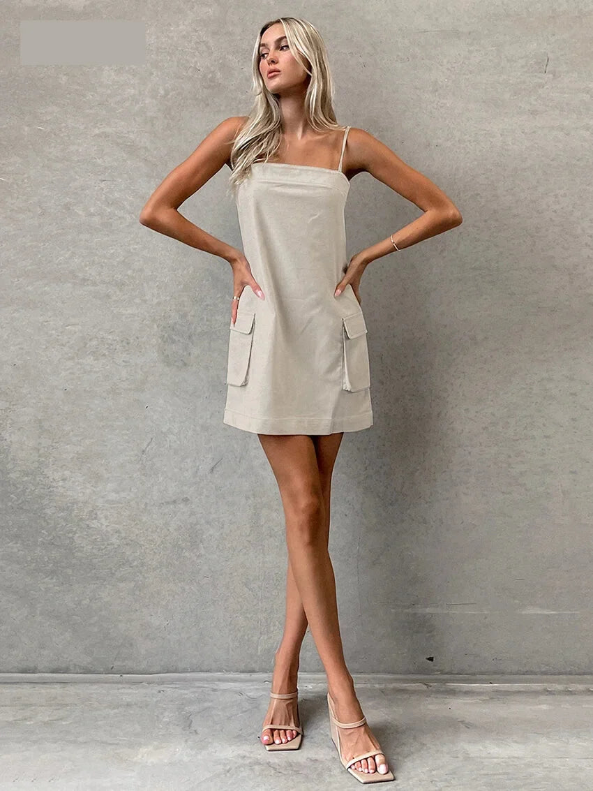 Mini Dresses- Cotton Linen Cami Dress with Cargo Pockets- - IndioGear.com