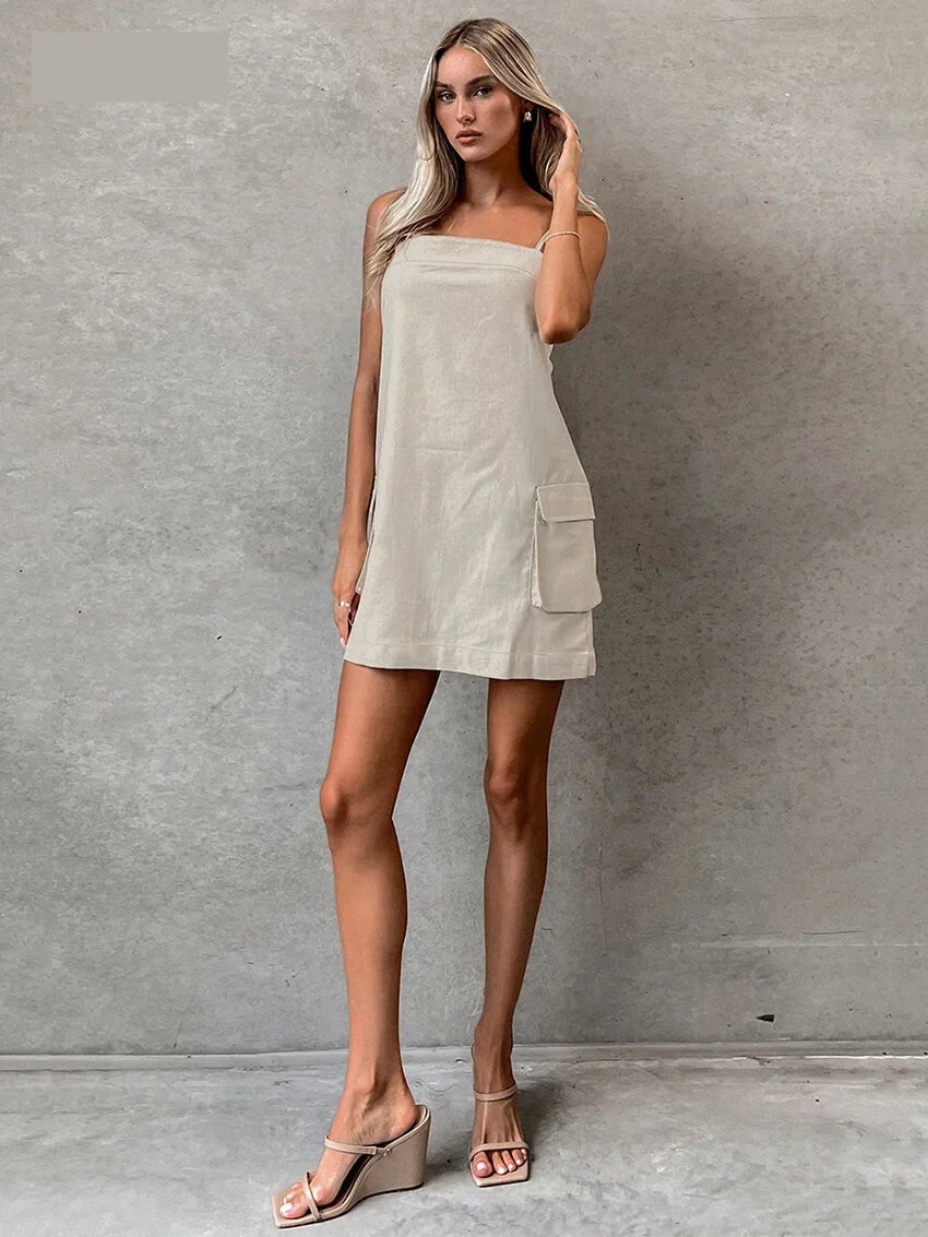 Mini Dresses- Cotton Linen Cami Dress with Cargo Pockets- - IndioGear.com