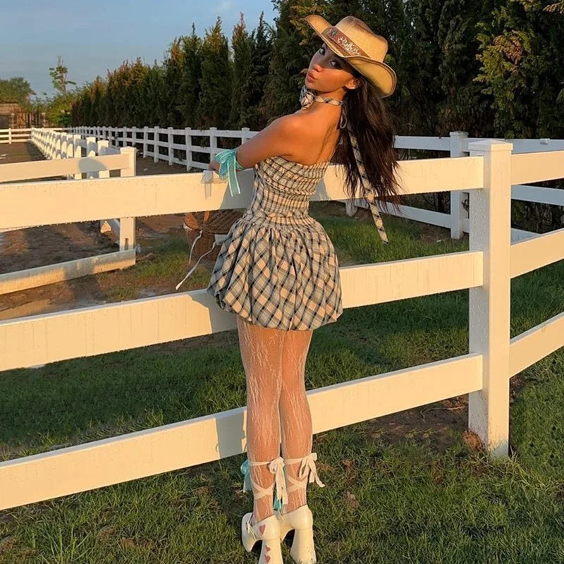 Mini Dresses- Country Plaid Strapless Dress with Choker- - IndioGear.com