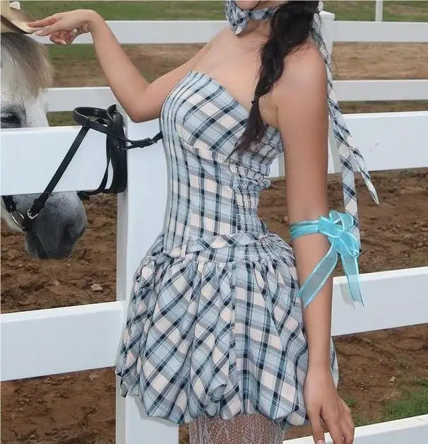 Mini Dresses- Country Plaid Strapless Dress with Choker- - IndioGear.com