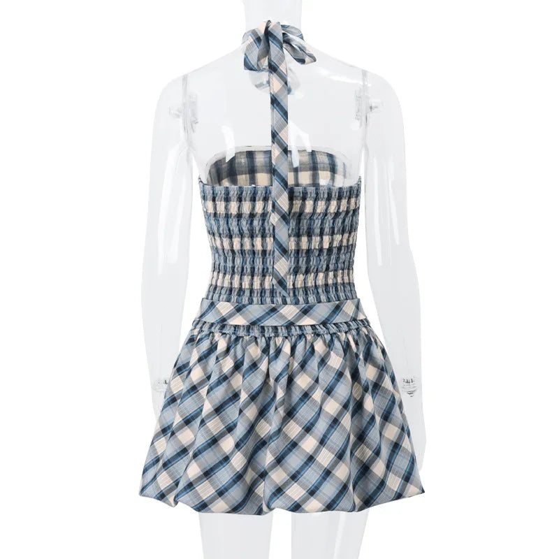 Mini Dresses- Country Plaid Strapless Dress with Choker- - IndioGear.com