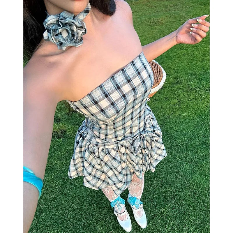 Mini Dresses- Country Plaid Strapless Dress with Choker- - IndioGear.com