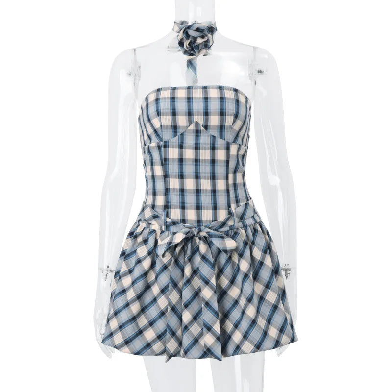 Mini Dresses- Country Plaid Strapless Dress with Choker- - IndioGear.com