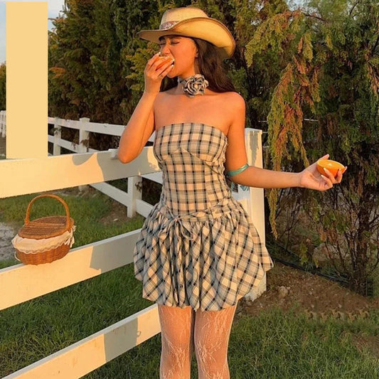 Mini Dresses- Country Plaid Strapless Dress with Choker- - IndioGear.com