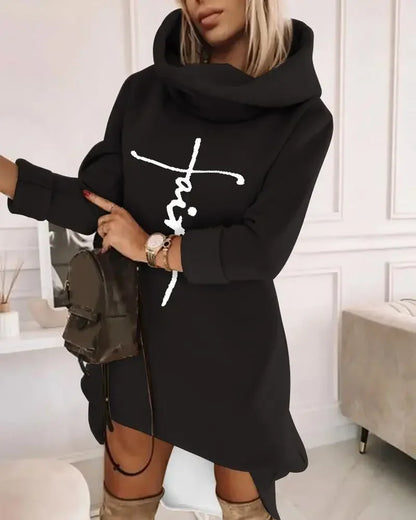 Mini Dresses- Cozy Cowl Neck Hoodie Mini Dress - Perfect for Chilly Days- Black- IndioGear.com