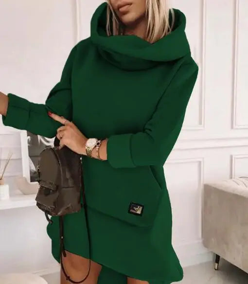 Mini Dresses- Cozy Cowl Neck Hoodie Mini Dress - Perfect for Chilly Days- Phthalo Green- IndioGear.com