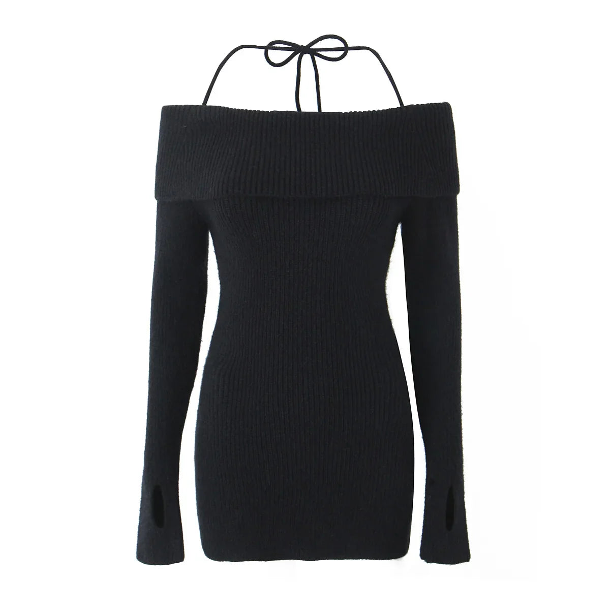 Mini Dresses- Cozy Knit Off-Shoulder Dress for Fall & Winter- Black- IndioGear.com