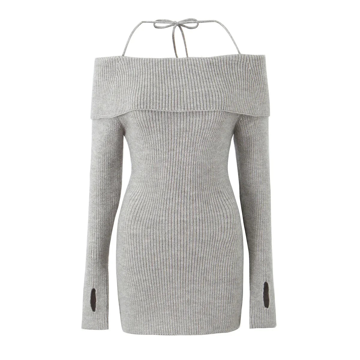 Mini Dresses- Cozy Knit Off-Shoulder Dress for Fall & Winter- Khaki- IndioGear.com