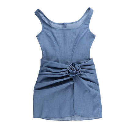 Mini Dresses- Denim Blue Bodycon Wrap Skirt Mini Dress with Floral Applique for Women- - IndioGear Fashion and Gear