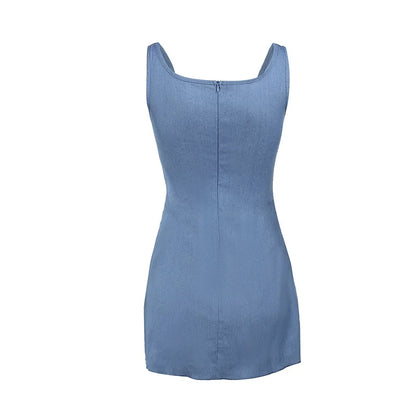 Mini Dresses- Denim Blue Bodycon Wrap Skirt Mini Dress with Floral Applique for Women- - IndioGear Fashion and Gear