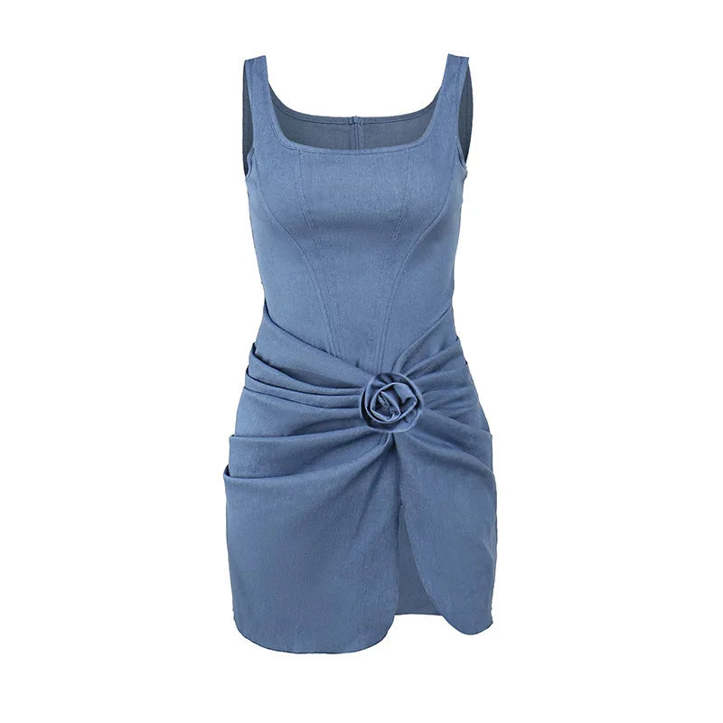 Mini Dresses- Denim Blue Bodycon Wrap Skirt Mini Dress with Floral Applique for Women- - IndioGear Fashion and Gear