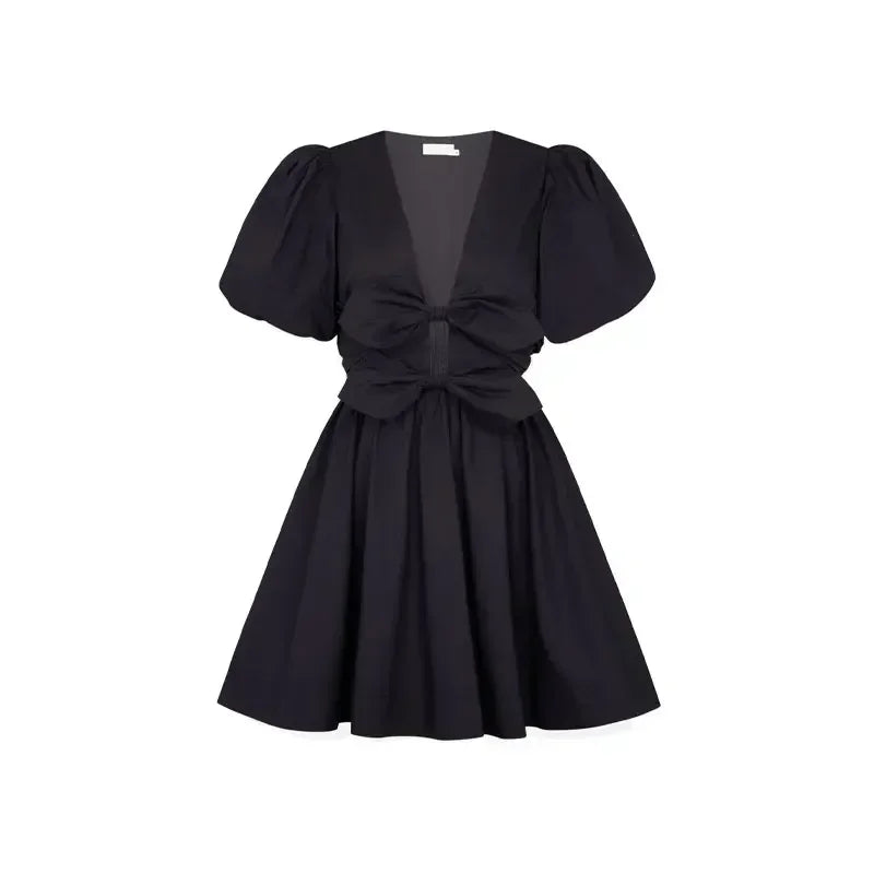 Mini Dresses- Dual Bow Knot Plunging Neck Pleated Skirts Puff Sleeves Mini Dress