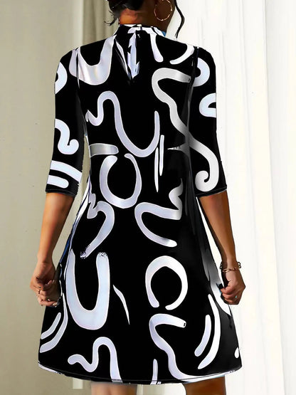 Mini Dresses- Eclectic 3/4 Sleeve Dress for Trendy Office Days- - IndioGear Women Clothing