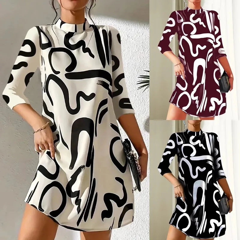 Mini Dresses- Eclectic 3/4 Sleeve Dress for Trendy Office Days- - IndioGear Women Clothing