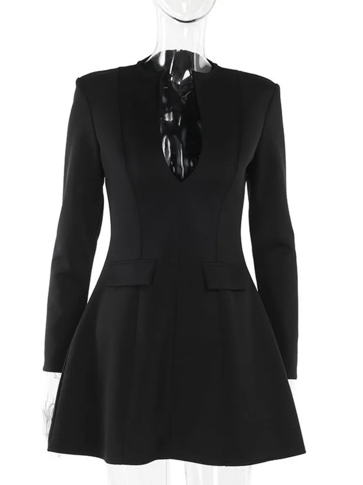 Mini Dresses- Elegant Deep V-Neck Blazer Dress for Business- black- IndioGear.com