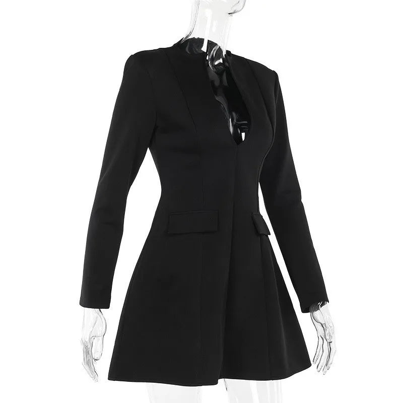 Mini Dresses- Elegant Deep V-Neck Blazer Dress for Business- - IndioGear.com