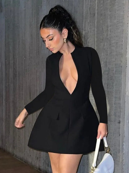 Mini Dresses- Elegant Deep V-Neck Blazer Dress for Business- - IndioGear.com