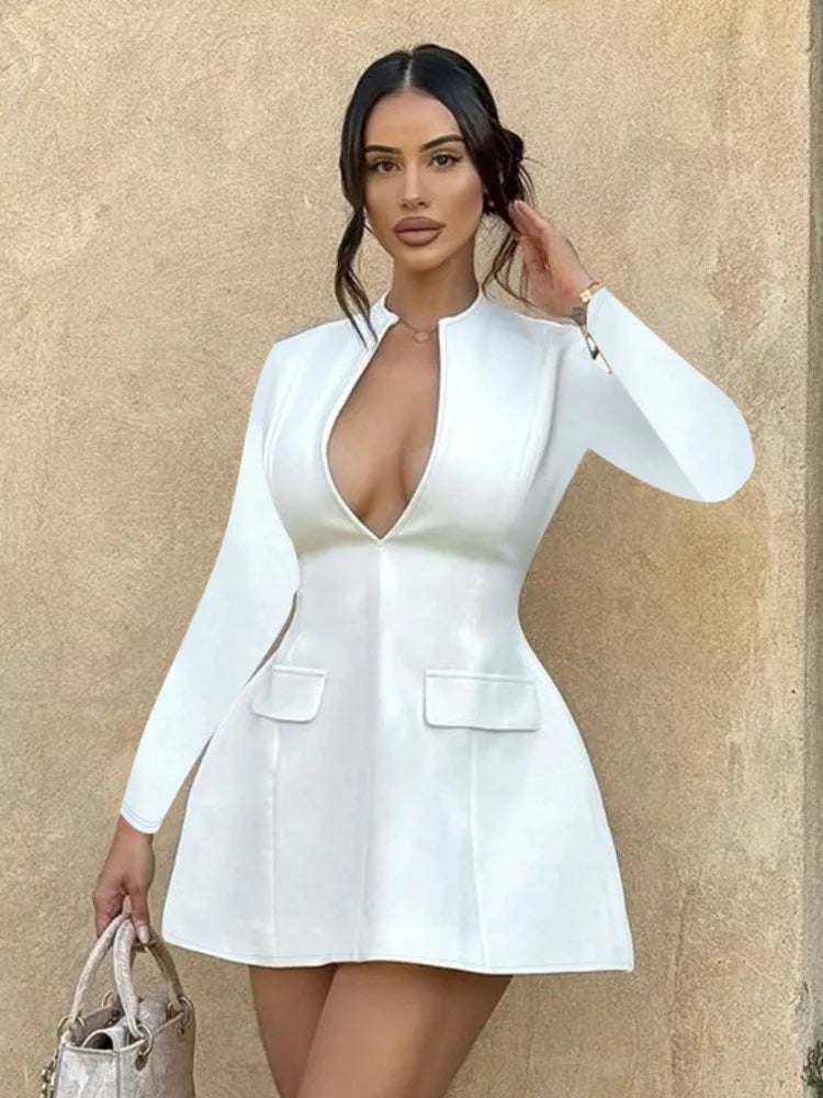 Mini Dresses- Elegant Deep V-Neck Blazer Dress for Business- White- IndioGear.com