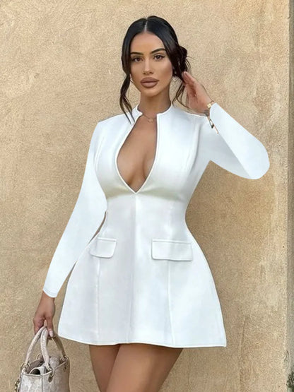 Mini Dresses- Elegant Deep V-Neck Blazer Dress for Business- White- IndioGear.com