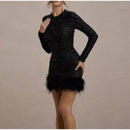 Mini Dresses- Black Sequin Dress with Minimalist Appeal- - IndioGear