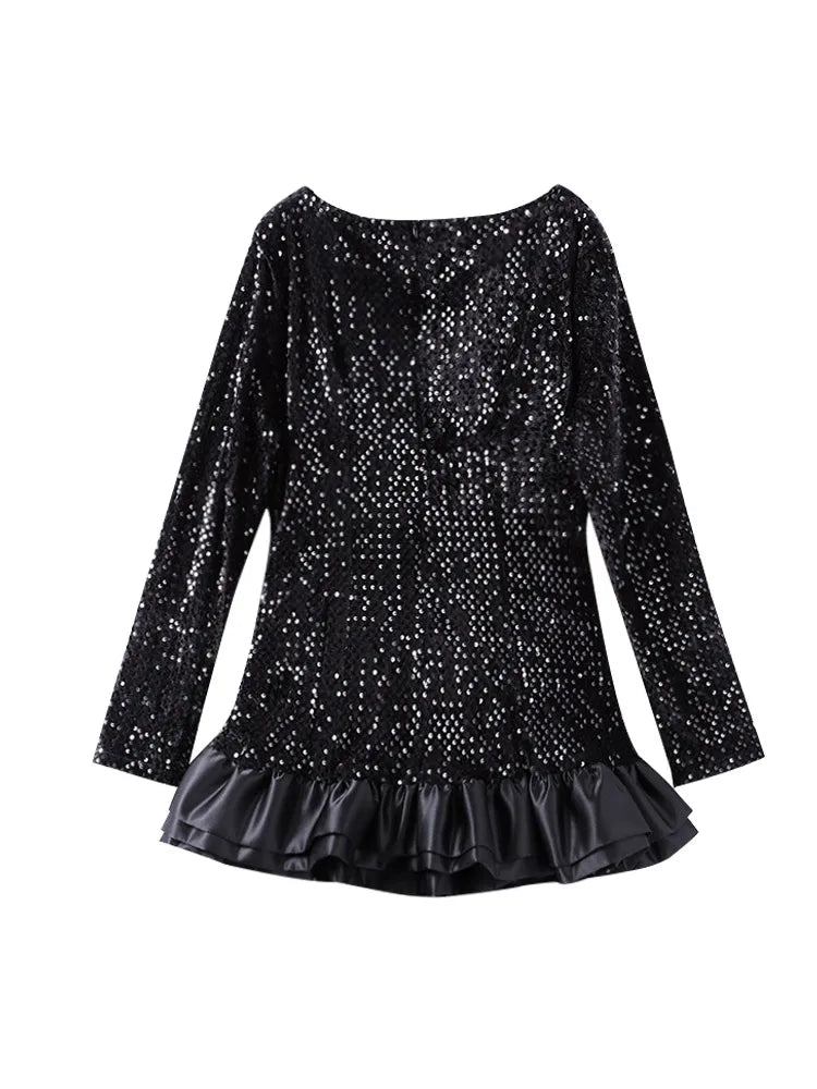 Mini Dresses- Black Sequin Dress with Minimalist Appeal- - IndioGear